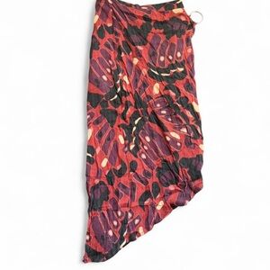 Free People Red Pattern Asymmetrical Wrap Skirt with Ring Detail